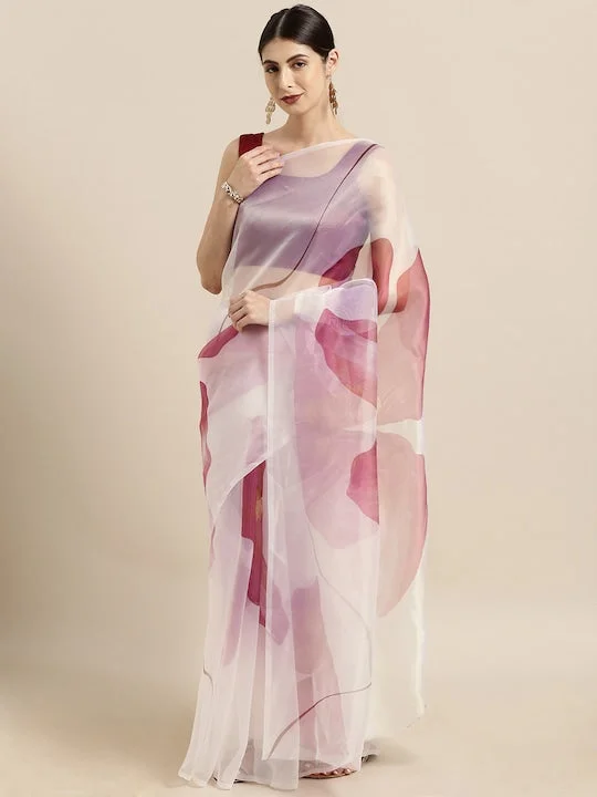White & Pink Organza Printed Saree - image 2