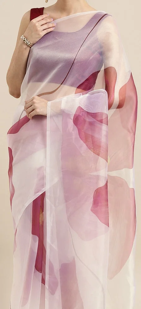 White & Pink Organza Printed Saree - image 3