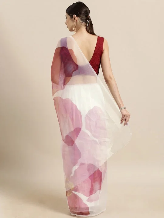 White & Pink Organza Printed Saree - image 4