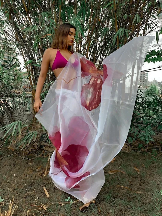 White & Pink Organza Printed Saree - image 5