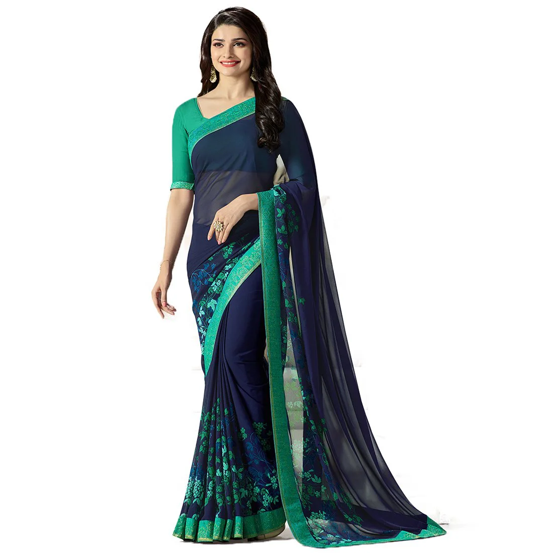 RAJESHWAR FASHION WITH RF Women's Floral Printed Georgette Sarees For Women With Jacquard Lace Border & Blouse(A15 BLUE NEW 3_Multicolored_Free Size 6.30 Mtr)