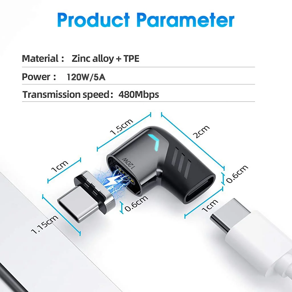 Verilux® Type C Adapter Right Angle Magnetic 90 Degree USB C Adapter Type C Connector with PD 120W Fast Charge, 480Mbps Data Transfer for MacBook Pro/Air and USB C Smartphone, Laptop, Tablet Black - image 5