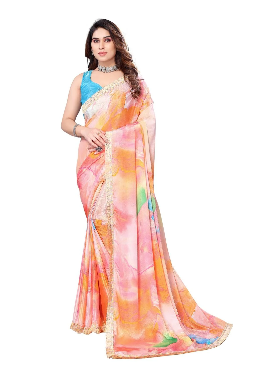 ROOP SUNDARI SAREES Women's Latest Sibori Color Block Printed Chiffon Saree For Women With Blouse(Orange_Multicolored_Free Size 6.30)