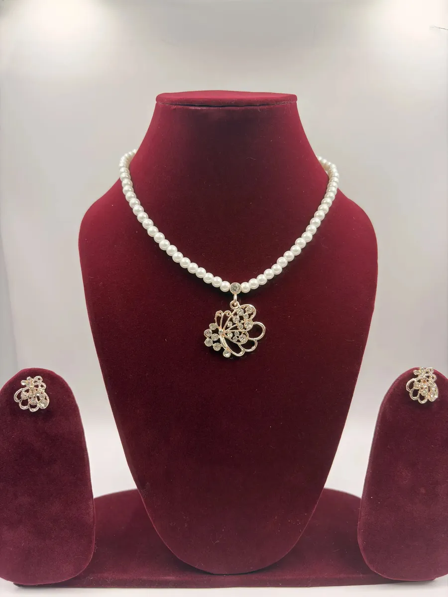 Pearl Necklace with Butterfly Crystal Pendant & Matching Earrings – Artificial Jewellery