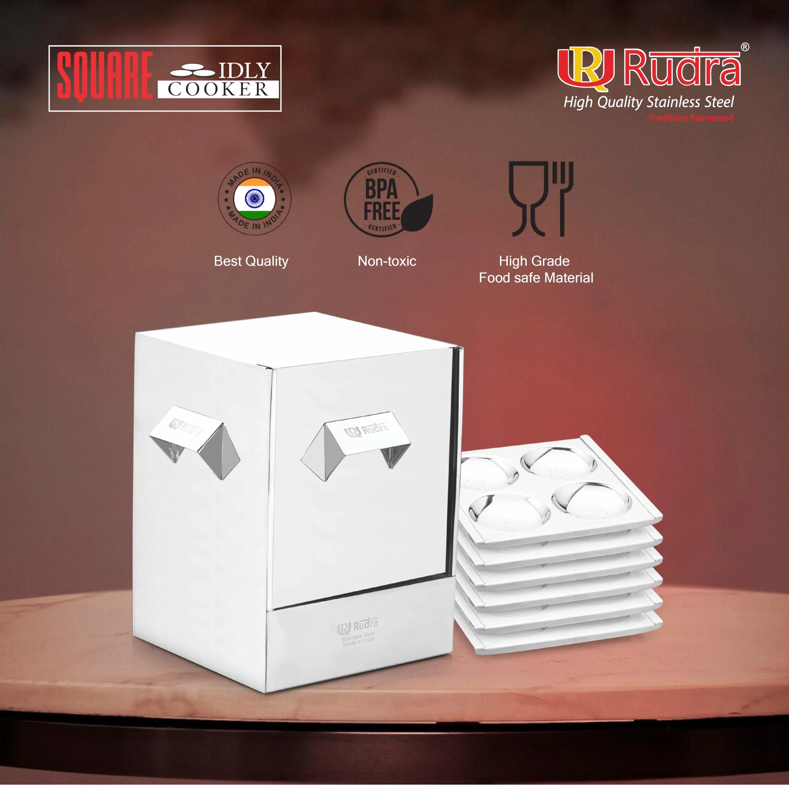 Rudra Stainless Steel Square idly cooker/maker - 6 plates for HOME/Hotel USE, Idli Steamer Set, Gas stove and Induction Stove Compatible Cookware| Made in India - image 4