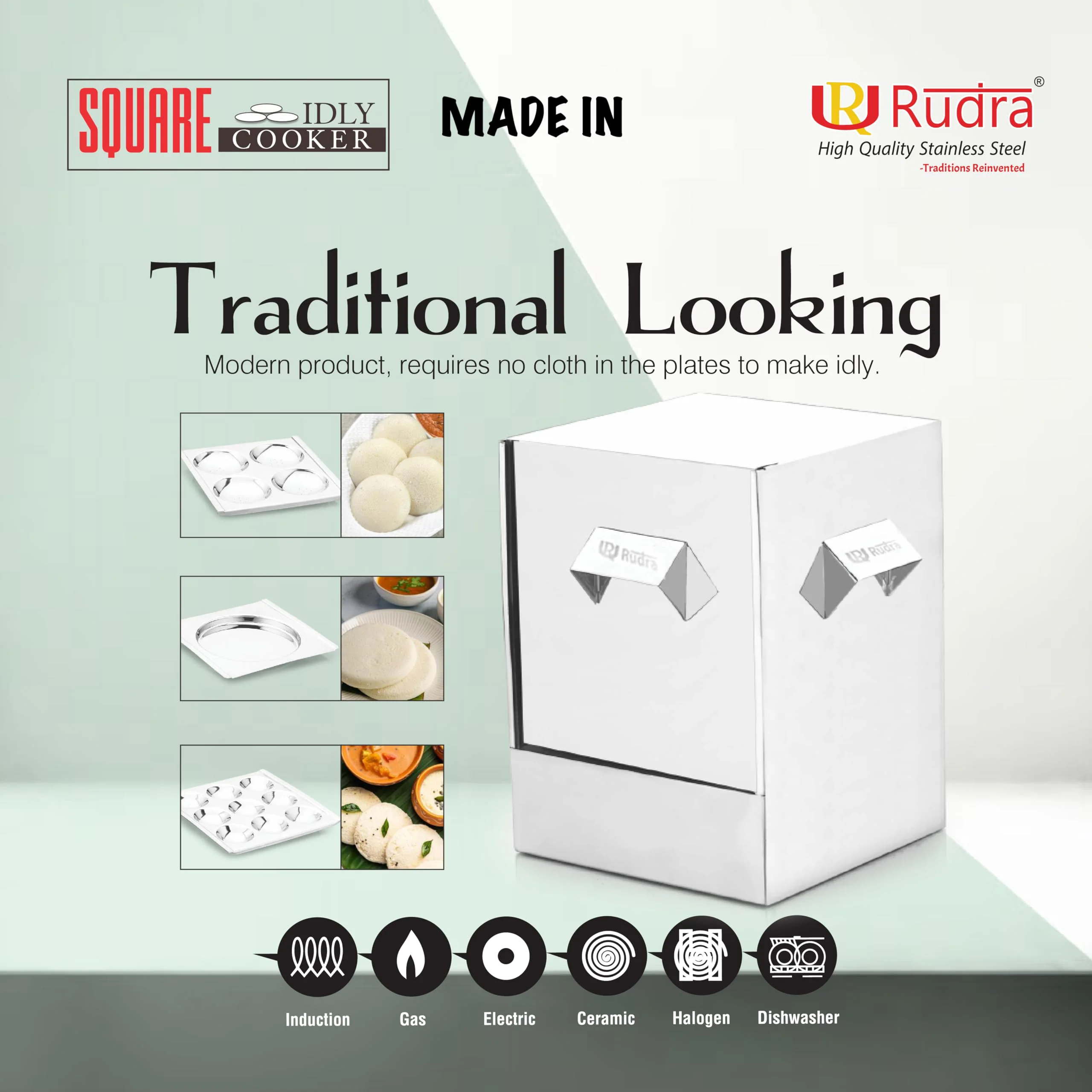Rudra Stainless Steel Square idly cooker/maker - 6 plates for HOME/Hotel USE, Idli Steamer Set, Gas stove and Induction Stove Compatible Cookware| Made in India - image 5