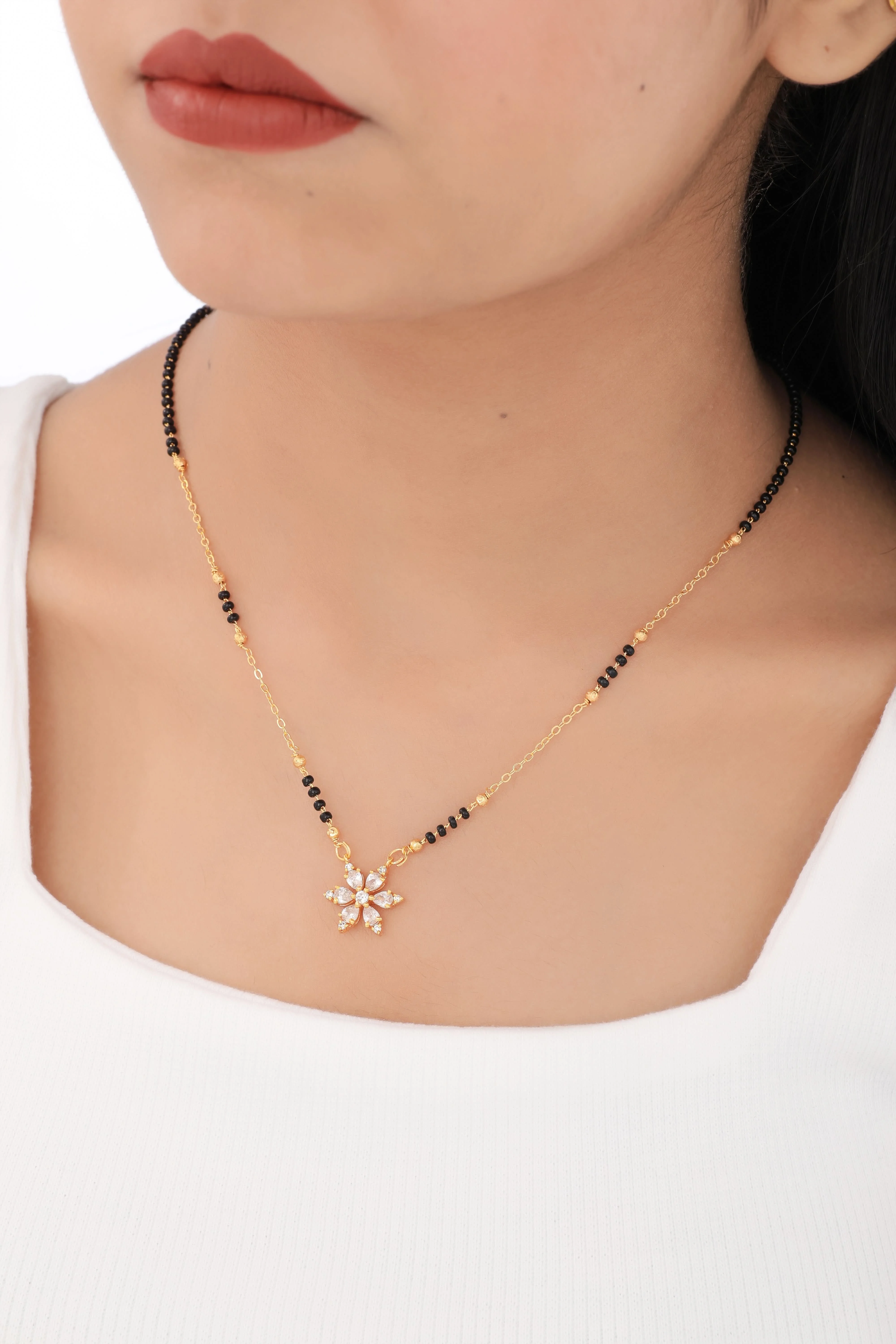 Buy 1 Get 1 Free - Floral CZ Pendant Mangalsutra | Minimal Black Beads Gold Chain