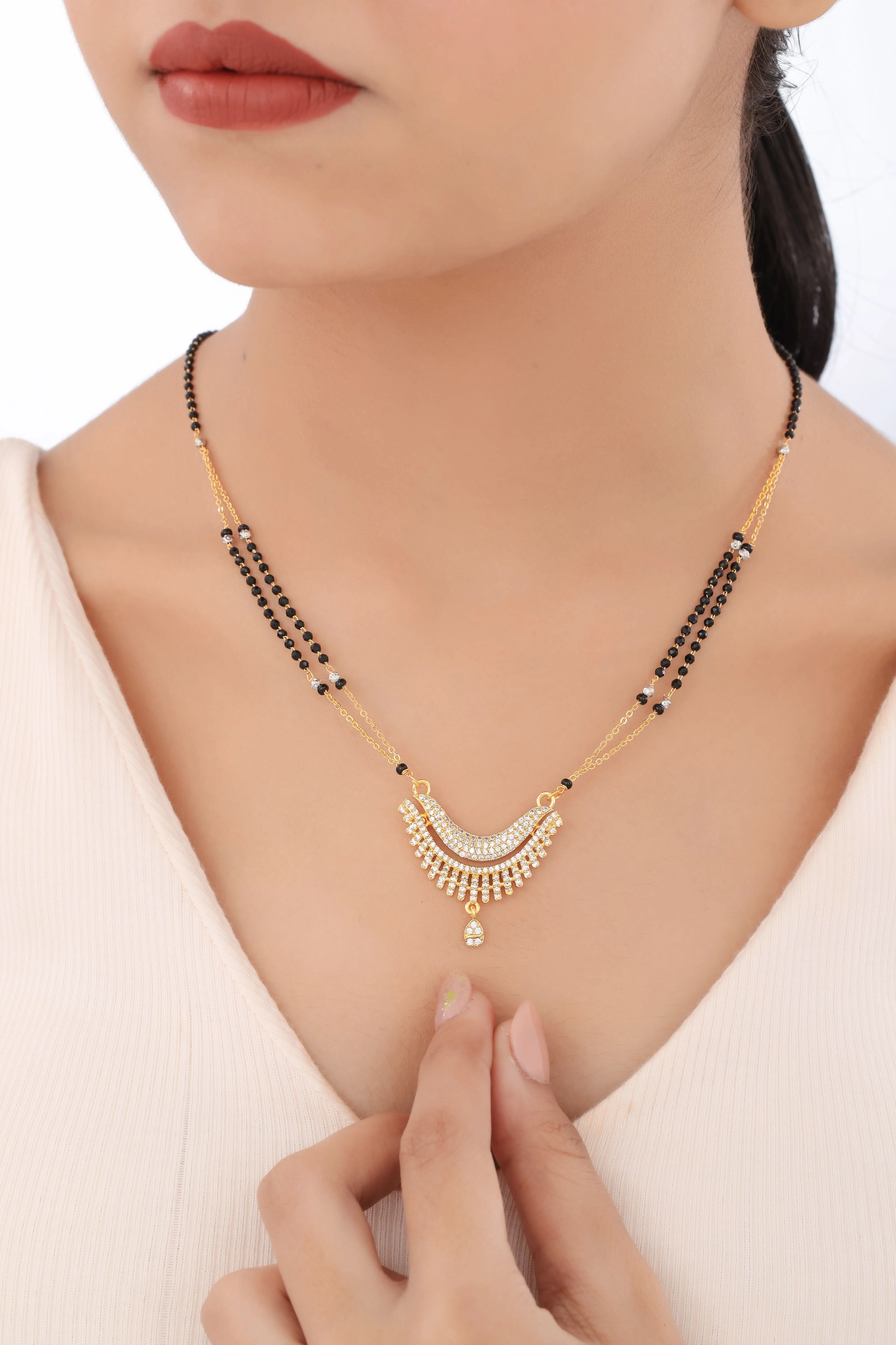 Buy 1 Get 1 Free -  Gold Plated Layered Crescent Pendant Mangalsutra with Black Beads