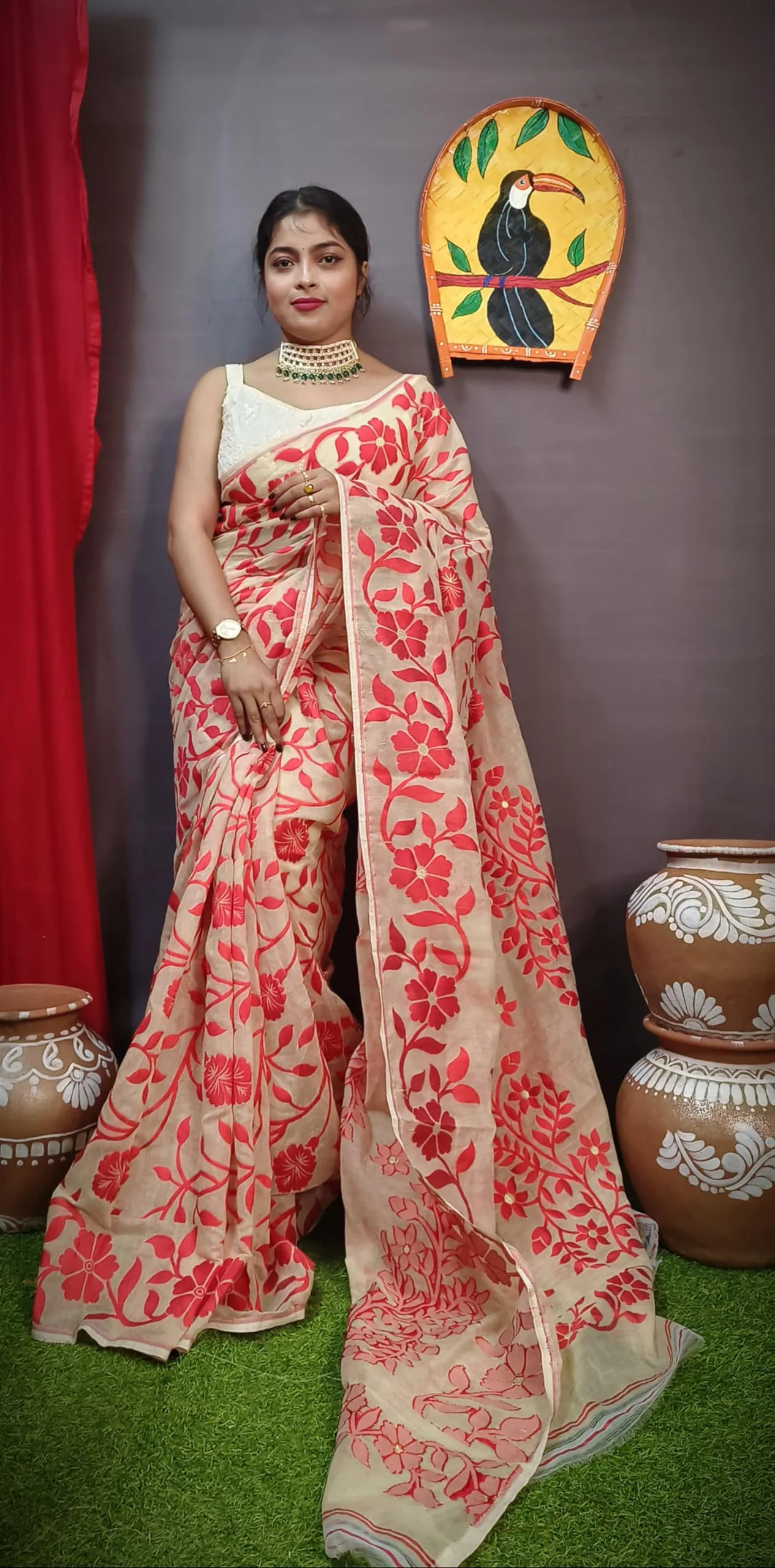 Women's Floral Print Lata Design Jamdani Cotton Silk Saree Without Blouse Piece (Cream) - image 3