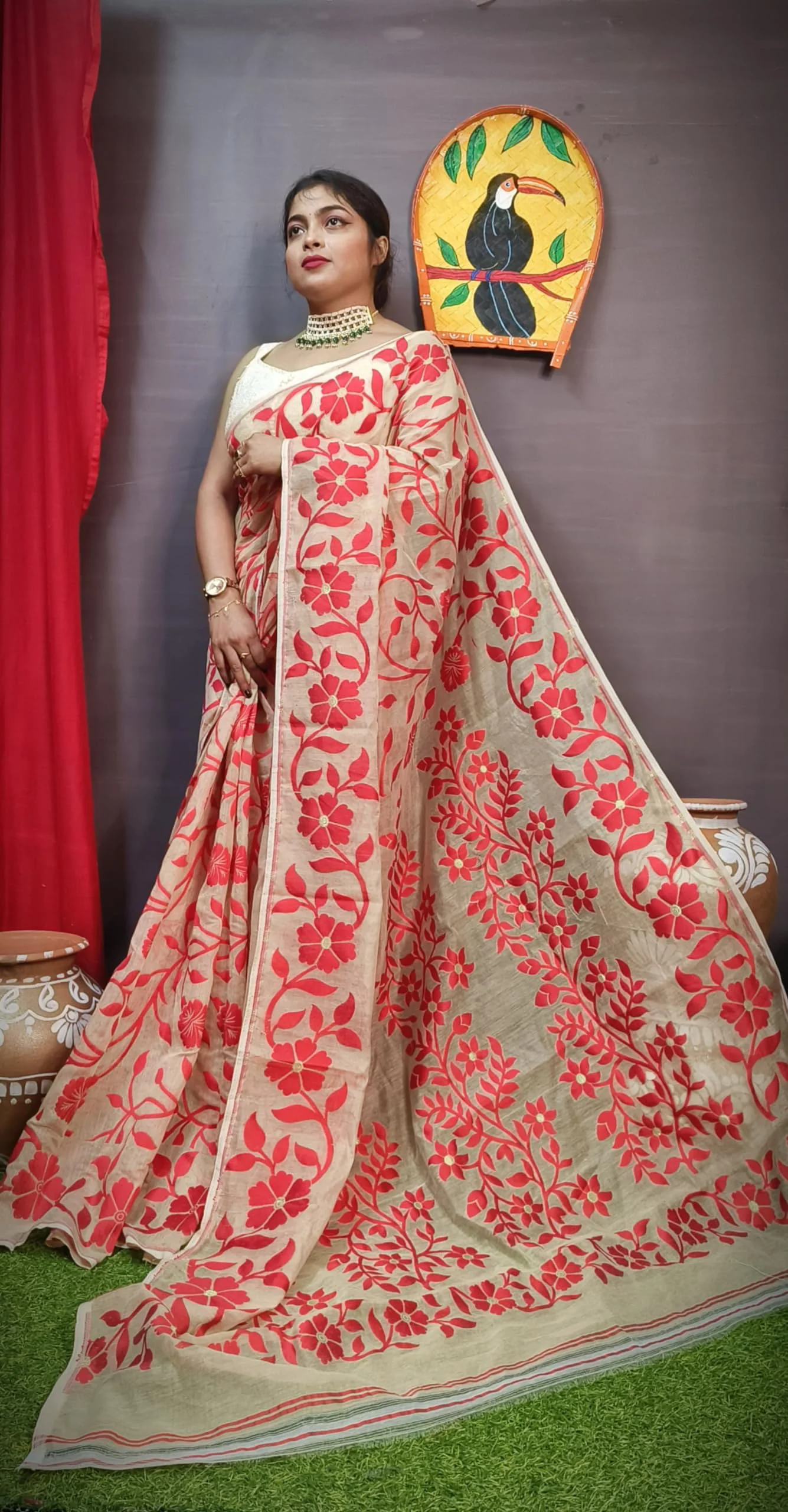 Women's Floral Print Lata Design Jamdani Cotton Silk Saree Without Blouse Piece (Cream) - image 4