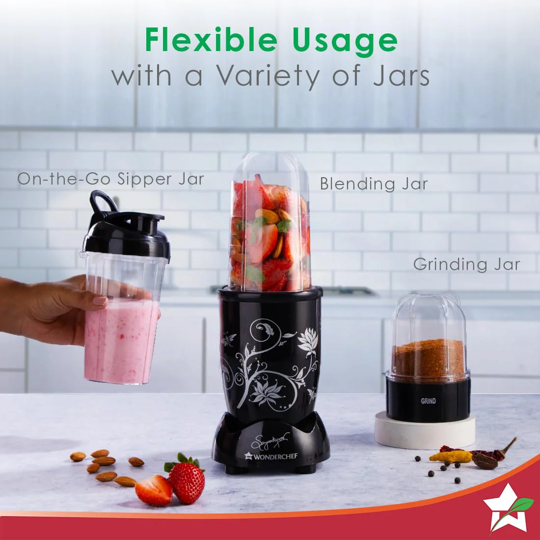 Wonderchef Nutri-blend Mixer Grinder Blender, Smoothie Maker, 3 Unbreakable Jars (Blending, Grinding, and Sipper Jar), 500W 22000 RPM 100% Full Copper Motor, SS Blades, 2 Year Warranty, Black - image 4