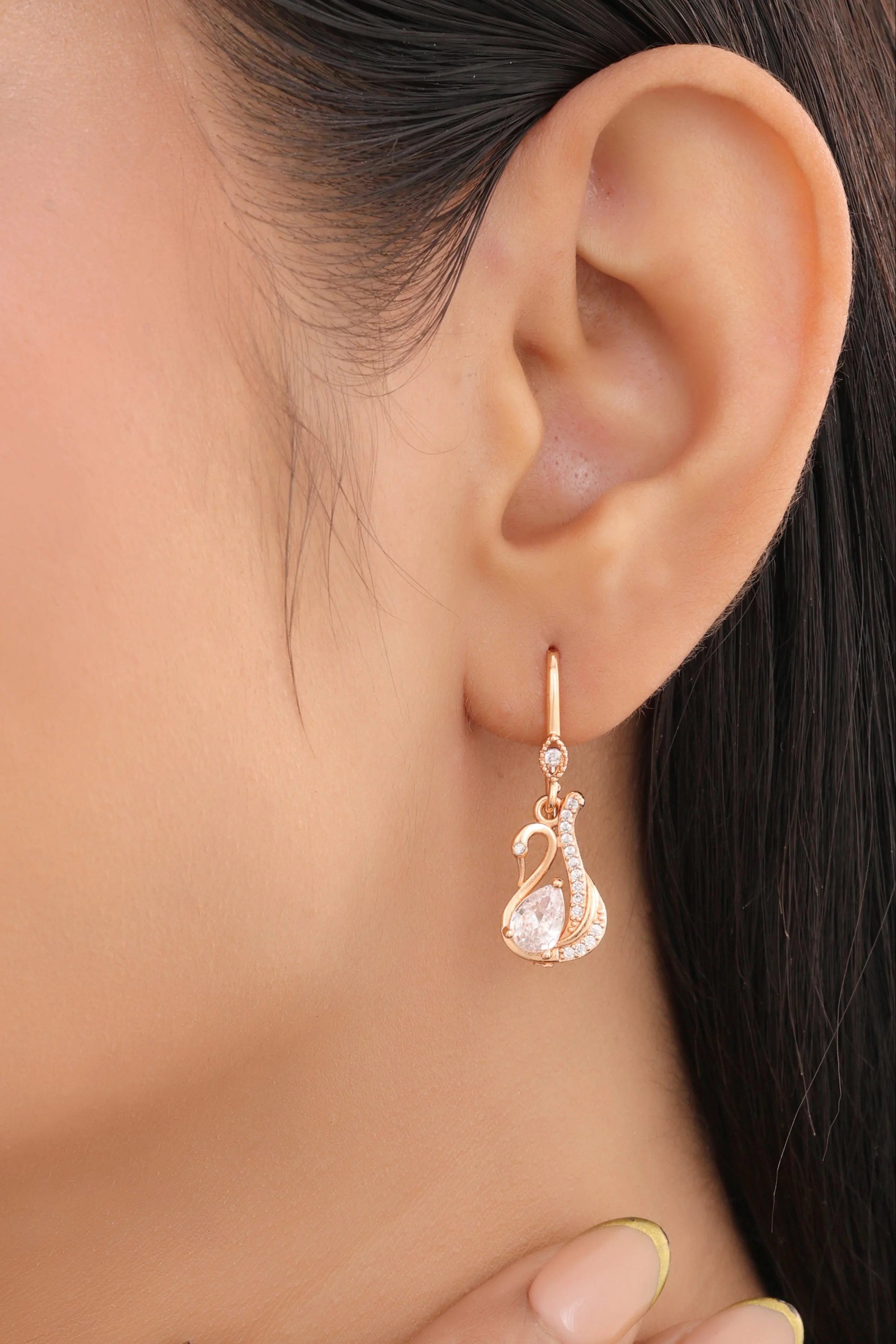 Buy 1 Get 1 Free -American Diamond Rose Gold Swan Shape Hanging Fancy Earrings