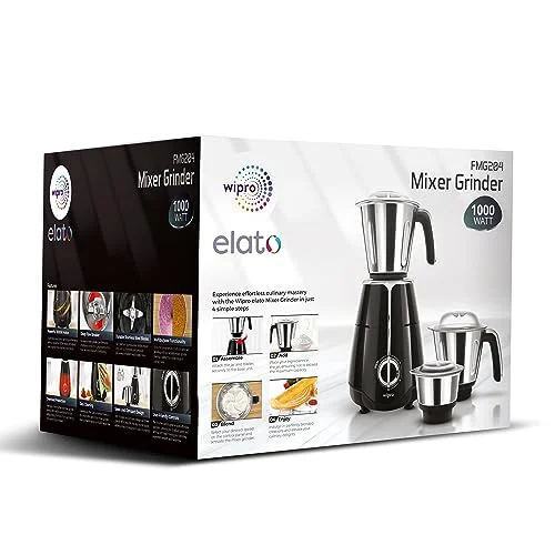 Wipro Elato FMG204 1000 Watt Mixer Grinder with 3 Jars(Wet Grinding Jar (1.5 L) + Dry Grinding Jar (1.2 L) + Chutney Jar (0.5 L)), 100% Copper Motor, 5 Years Motor Warranty, Doorstep Service,Black - image 4