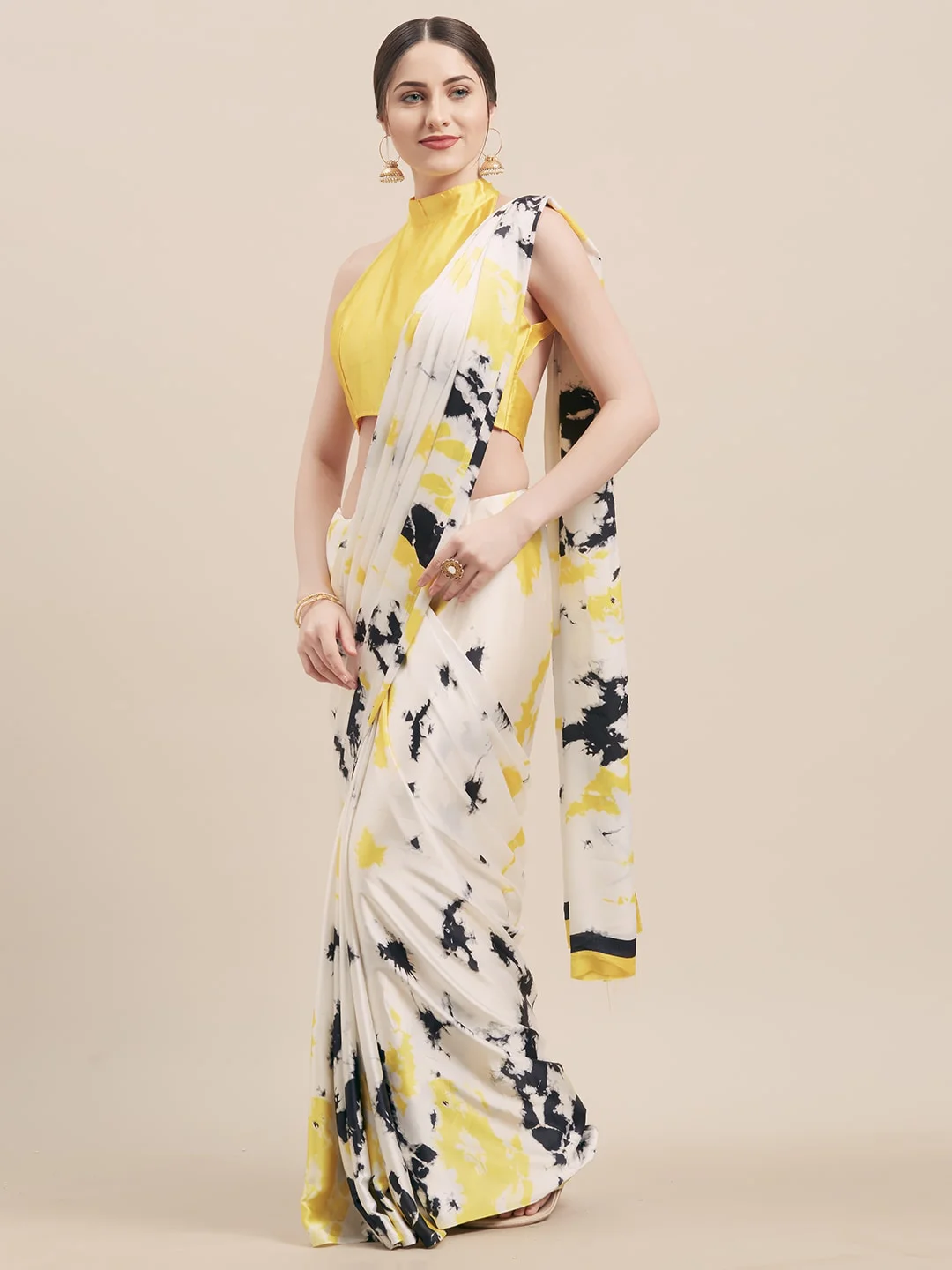 White & Yellow Satin Printed Saree - image 2