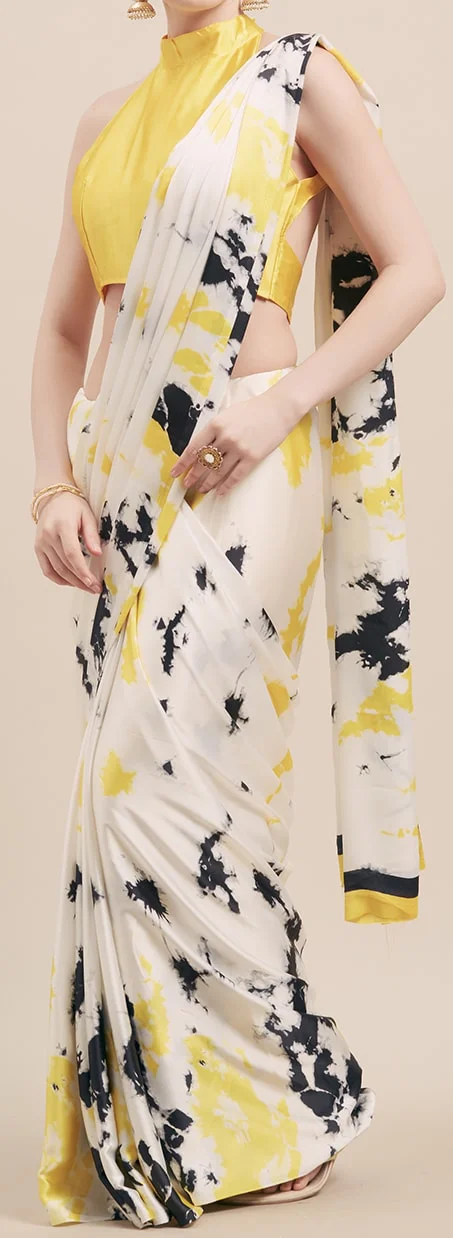 White & Yellow Satin Printed Saree - image 4