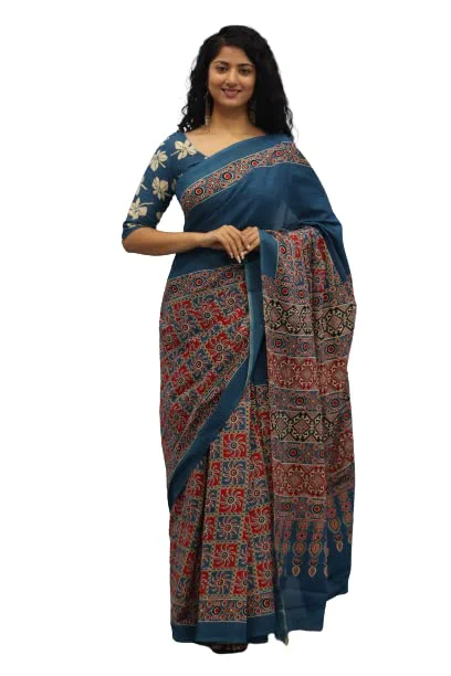 Tropwear Handicrafts Women's Ikat Hand Block Print Jaipuri Cotton Mulmul Saree with Blouse Piece - _SH_320