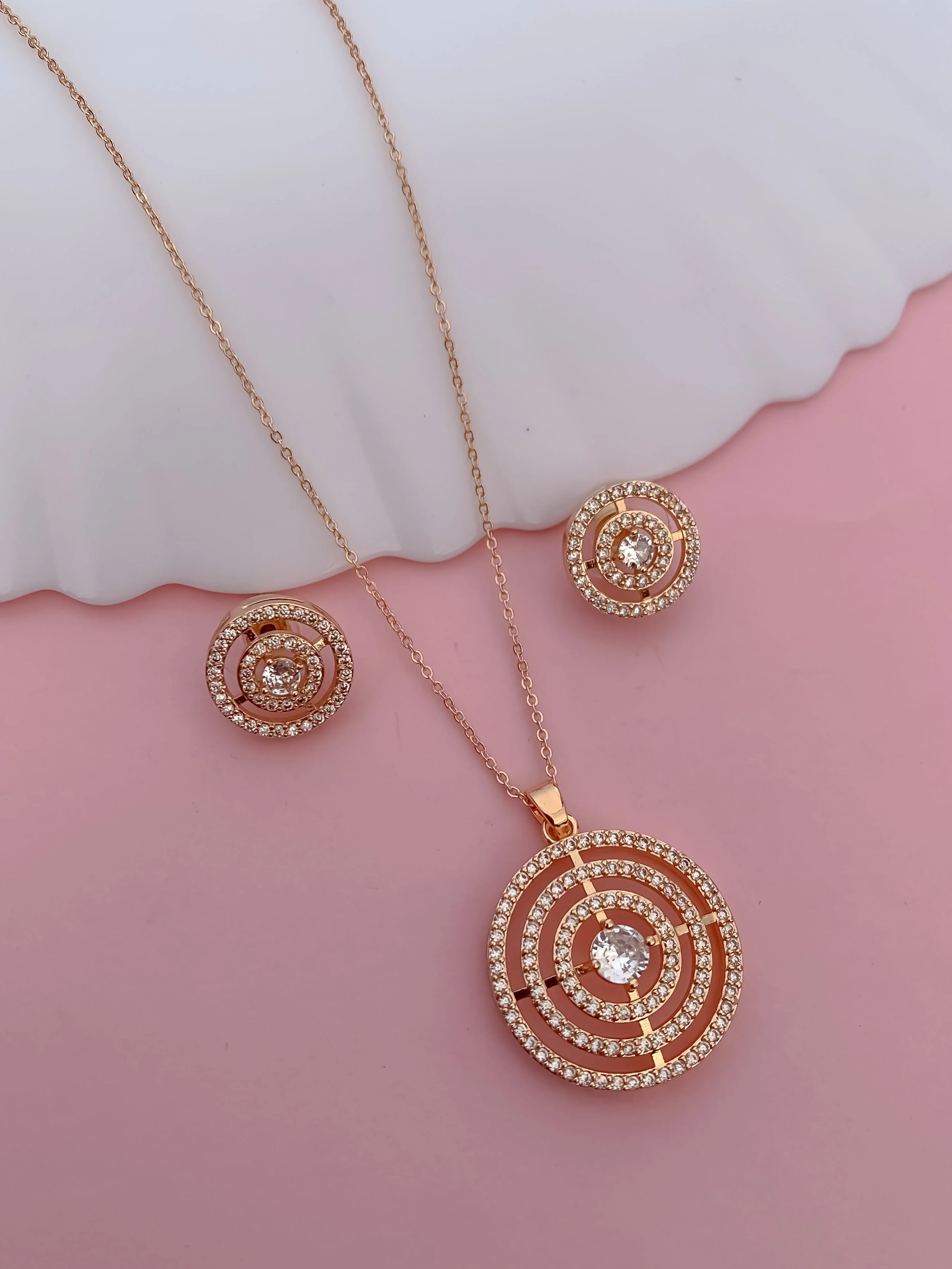 Rose Gold Concentric Circle Crystal Pendant Set for Women