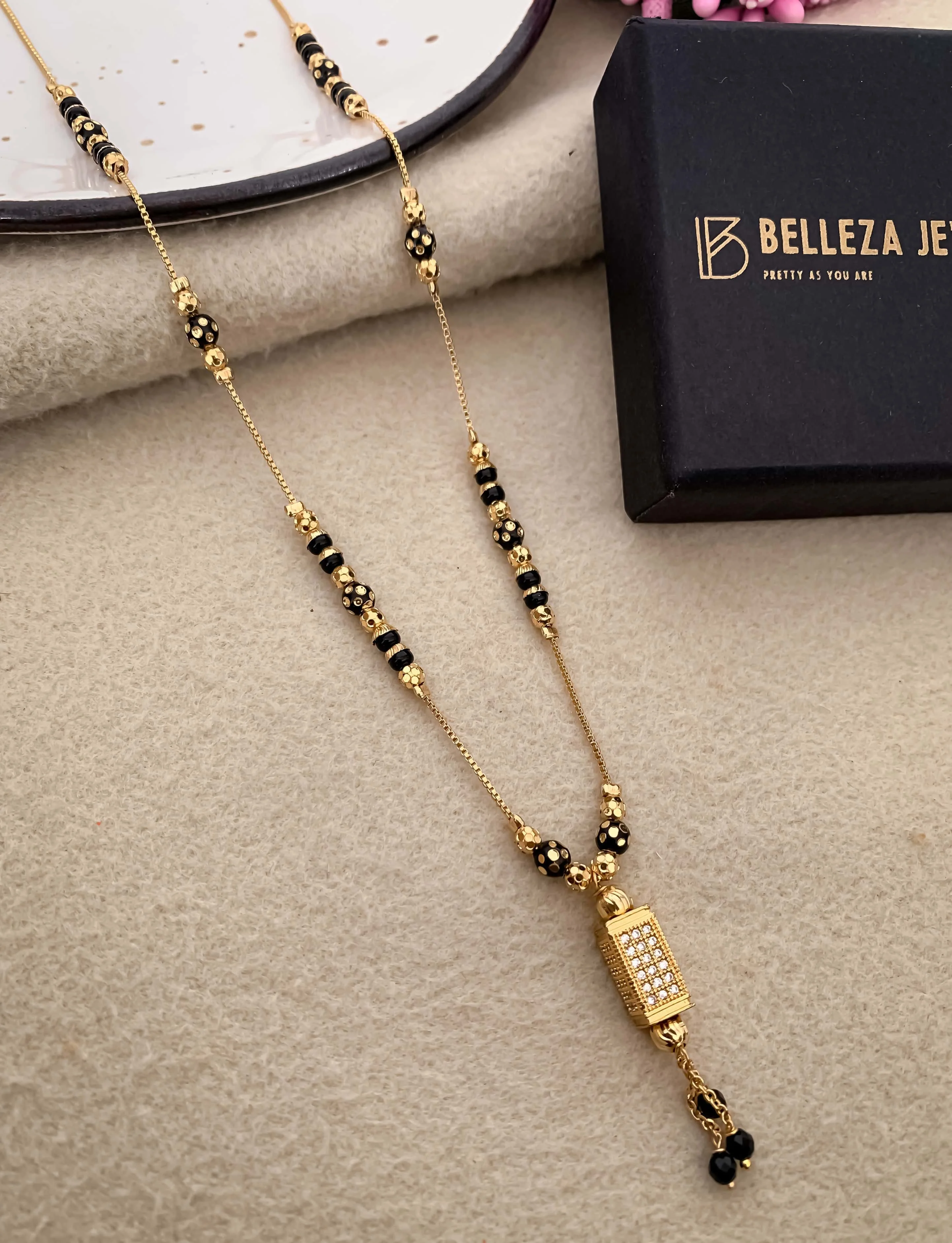 Buy 1 Get 1 Free -Minimal Rectangular Crystal Drop Black Bead Mangalsutra