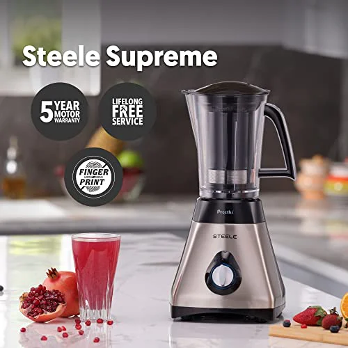 Preethi Steel Supreme MG-208 mixer grinder, 750 watt (Silver/ Black), 4 jars - Super Extractor juicer Jar, Vega W5 motor with 5yr Warranty & Lifelong Free Service (Indian Plug) - image 5