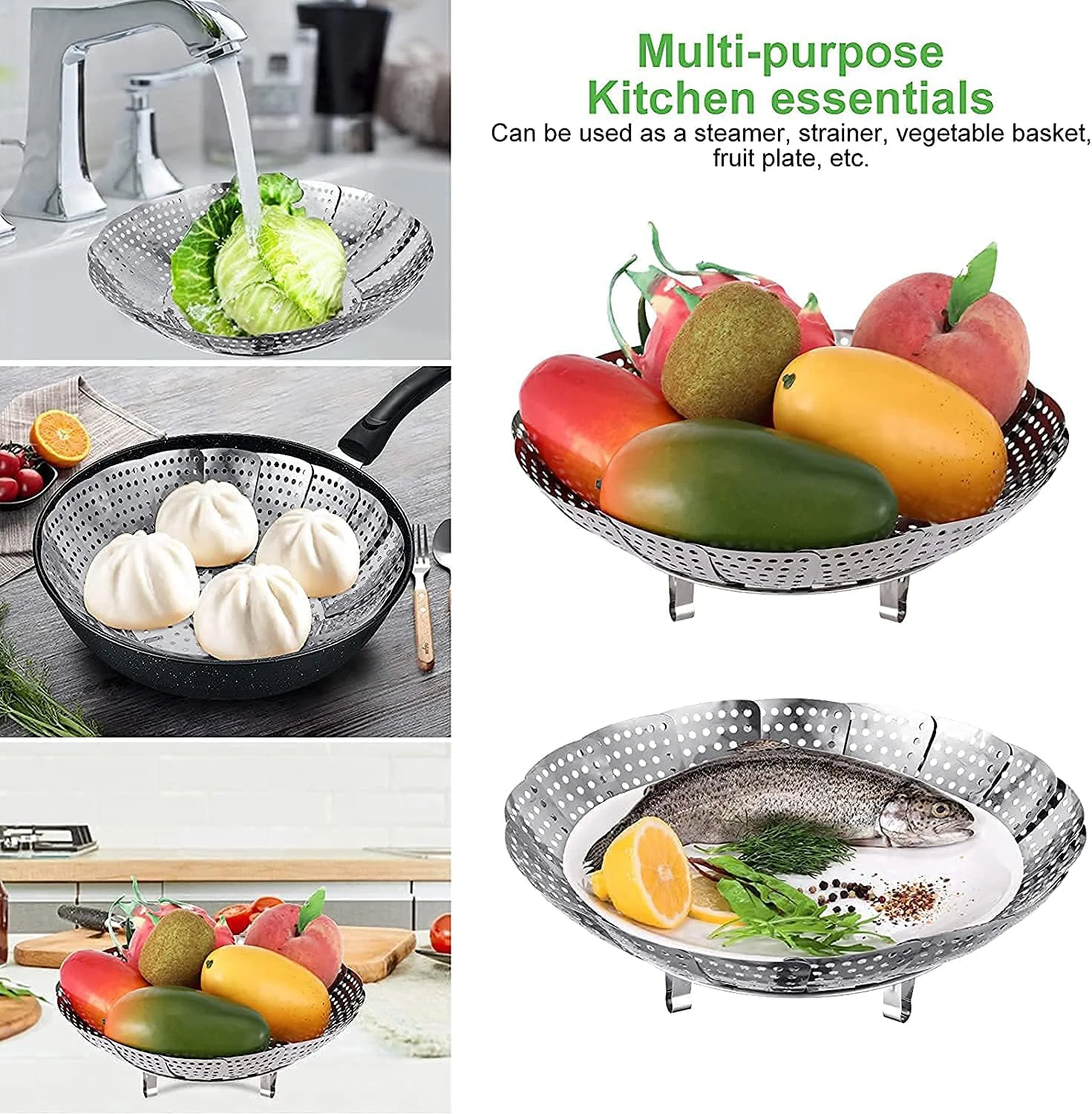 TCNAM Vegetable Steamer Basket, Folding Steamer to Fits Various Size Pot, Premium Stainless Steel Veggie Steamer Basket Insert for Veggie/Fish/Seafood/Momos/Fruits/Salad Cooking (SILVER, L) - image 4