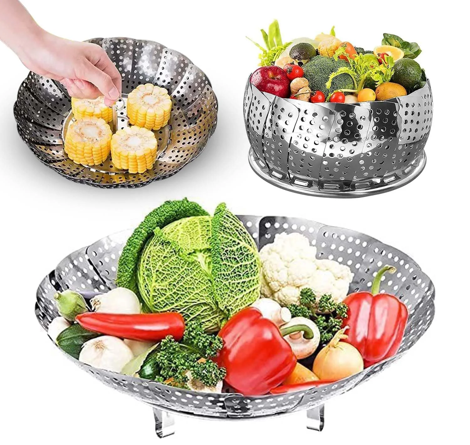 TCNAM Vegetable Steamer Basket, Folding Steamer to Fits Various Size Pot, Premium Stainless Steel Veggie Steamer Basket Insert for Veggie/Fish/Seafood/Momos/Fruits/Salad Cooking (SILVER, L) - image 1