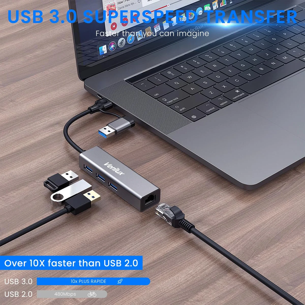 Verilux® USB HUB 3.0 for PC, 4-in-1 Type C HUB with 1 USB 3.0, 2 USB 2.0 & 1000Mbps Ethernet Port, Type C/USB Ethernet Adapter for Laptop LAN Connetor Support Windows, Chromebook, Mac, Linux - image 5