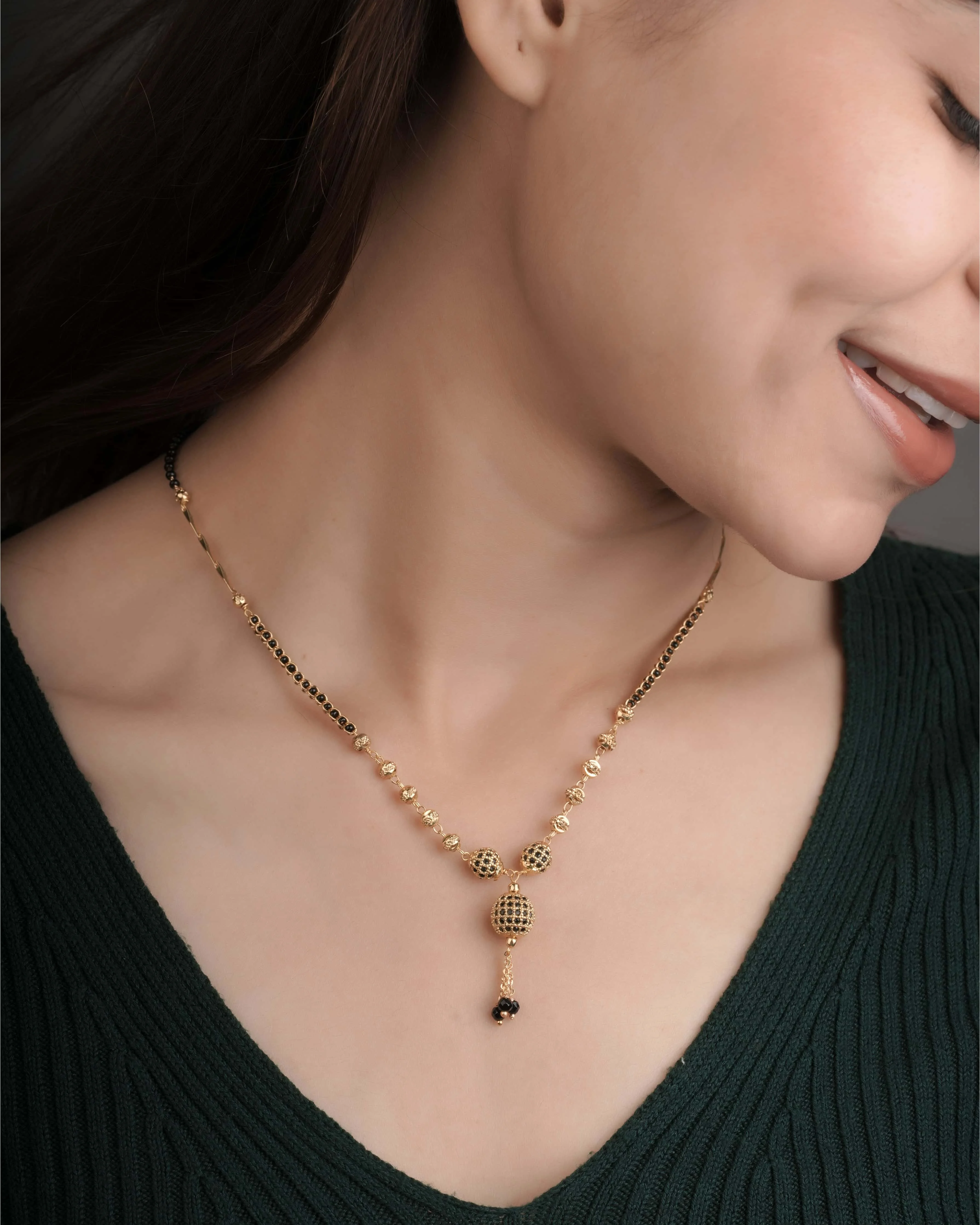 Buy 1 Get 1 Free -  Gold Finish Black Enamel Bead Drop Mangalsutra