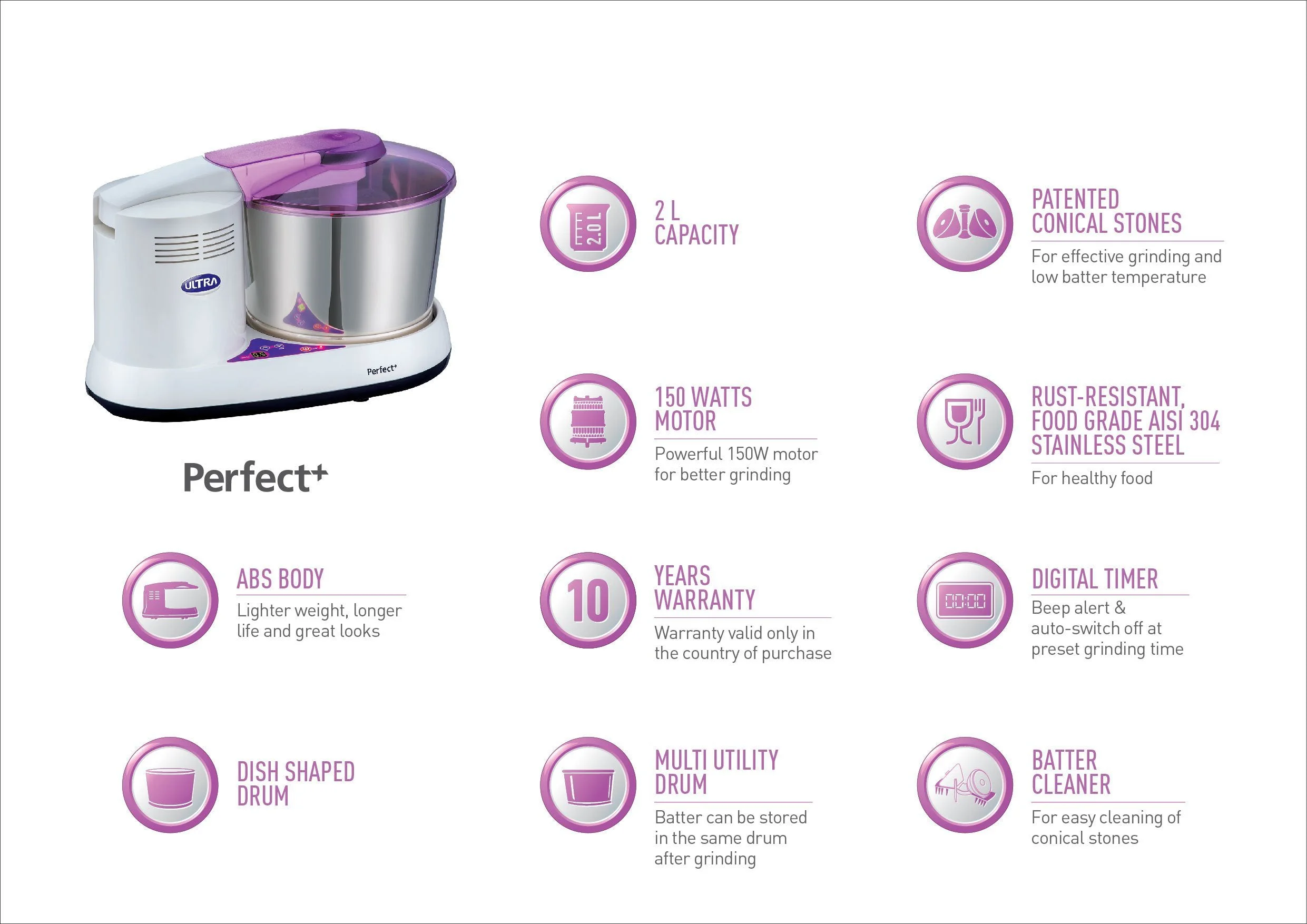 Ultra ABS Plastic Elgi Ultra Perfect+ Wet Grinder, 2 L (White) - image 3