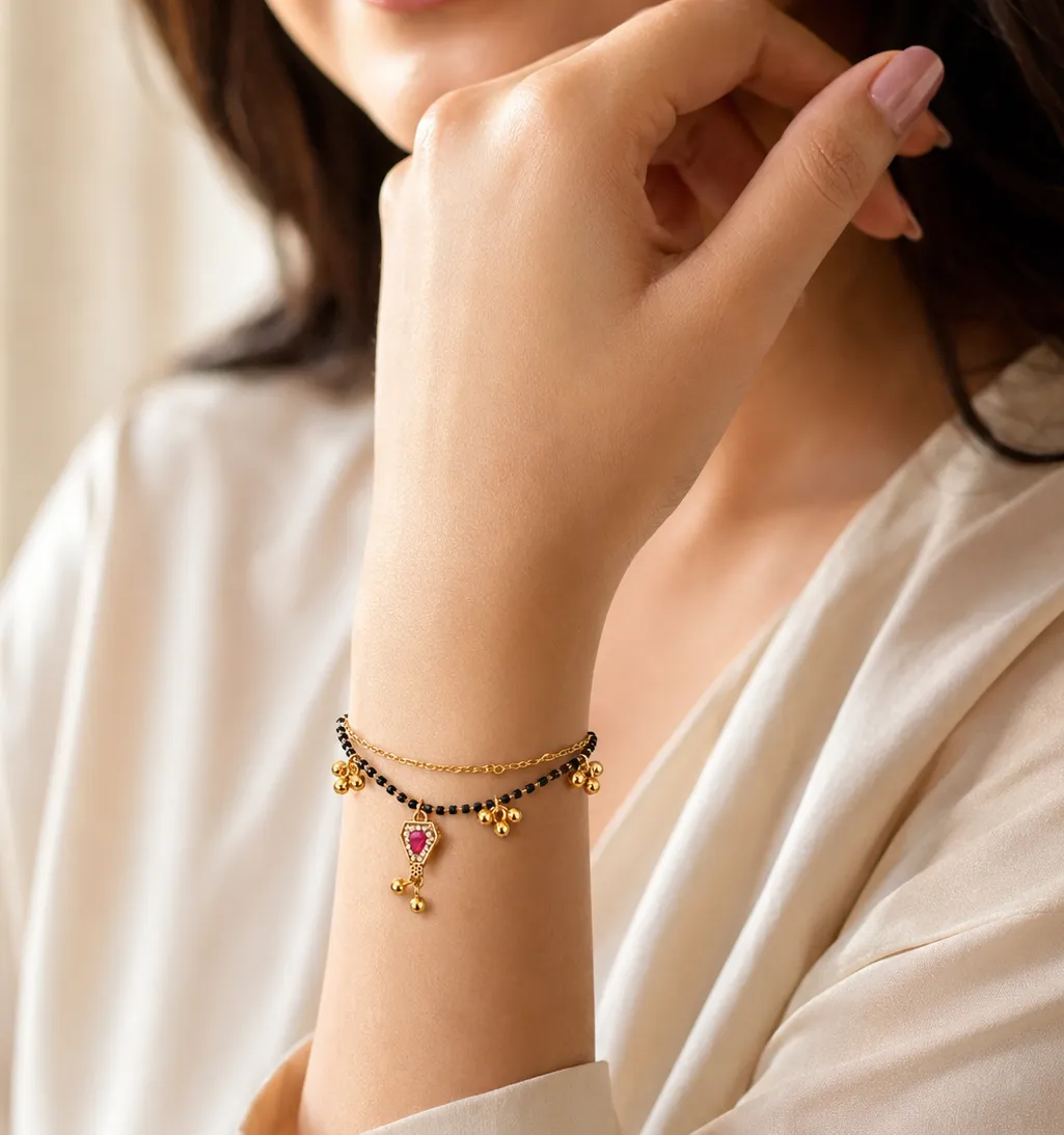 Ruby Stone with Golden Bead Charms Mangalsutra Bracelet