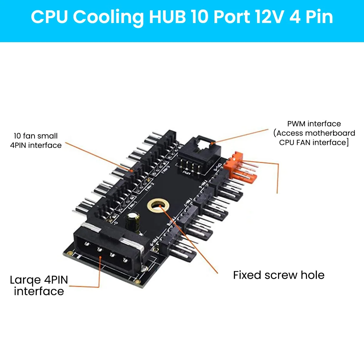 Verilux® PC PWM Fan Hub CPU Cooling HUB 10 Port 12V 4 Pin Fan PWM Hub Molex Controller Fan Hub Splitter, 4-Pin PWM Fan Power Supply Extension Cable for ATX Computer Case 4-Pin and 3-Pin Cooling Fans - image 3