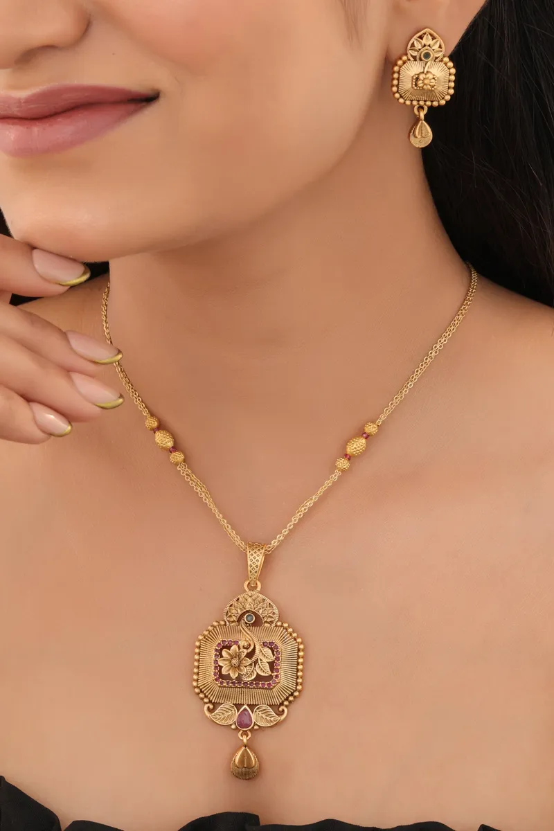 Laxmi Heritage Necklace Set – Traditional Gold-Tone with Ruby Detailing