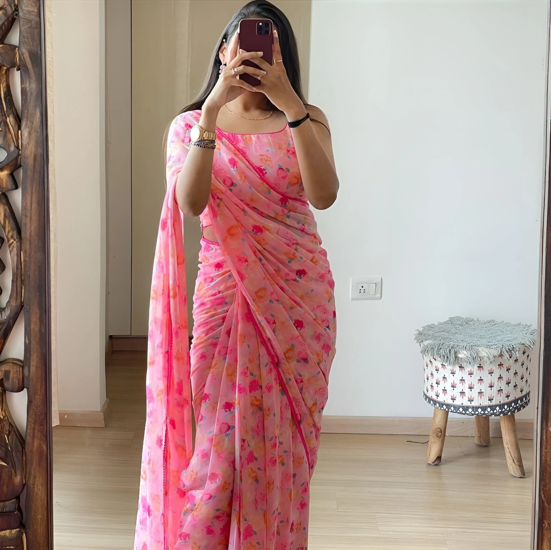 Stylescope Women's Georgette Floral Printed Lace Bordered Ready To Wear One Minute Saree With Print Unstitched Blouse Piece (Candy Pink_Pink_Free Size) - image 3