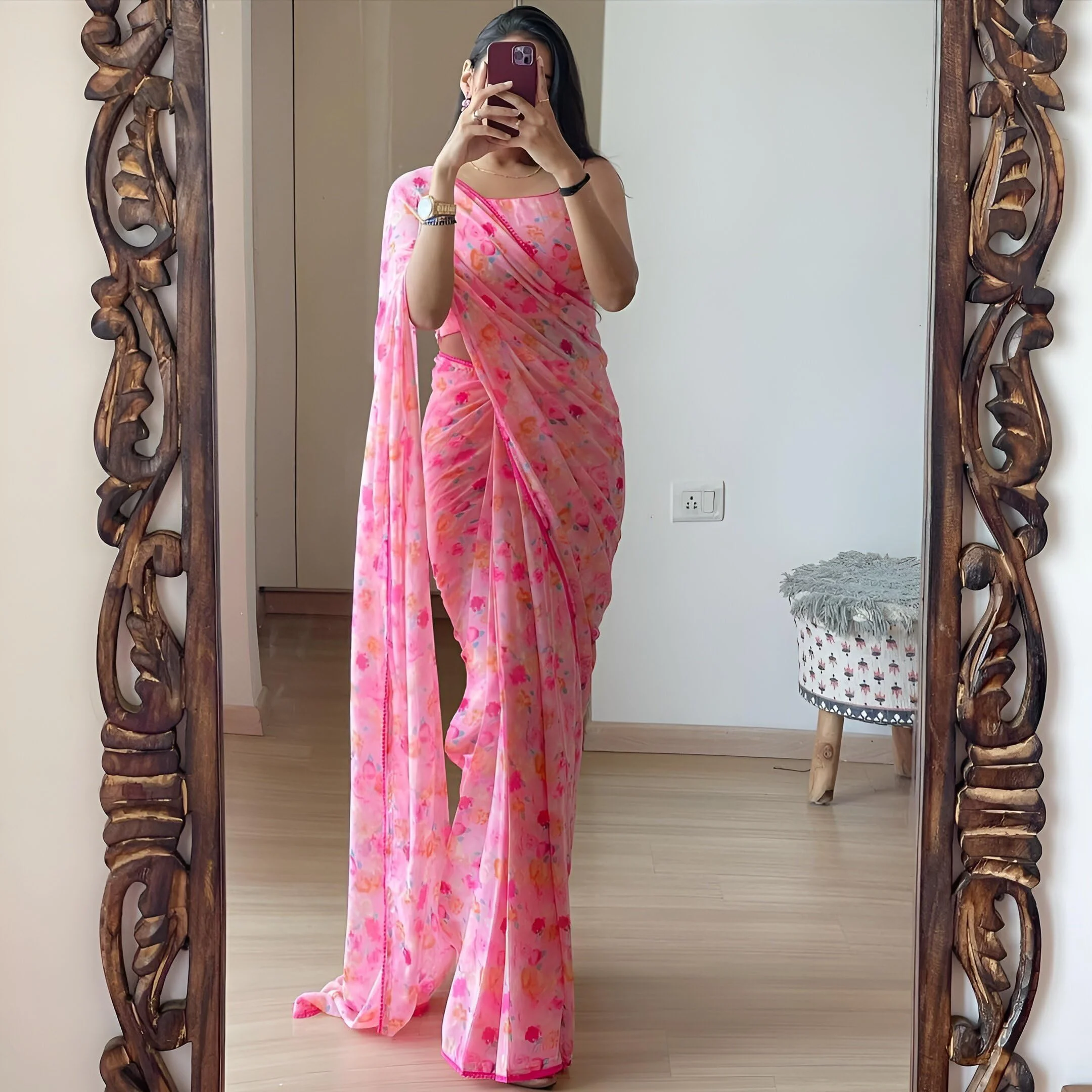 Stylescope Women's Georgette Floral Printed Lace Bordered Ready To Wear One Minute Saree With Print Unstitched Blouse Piece (Candy Pink_Pink_Free Size) - image 5