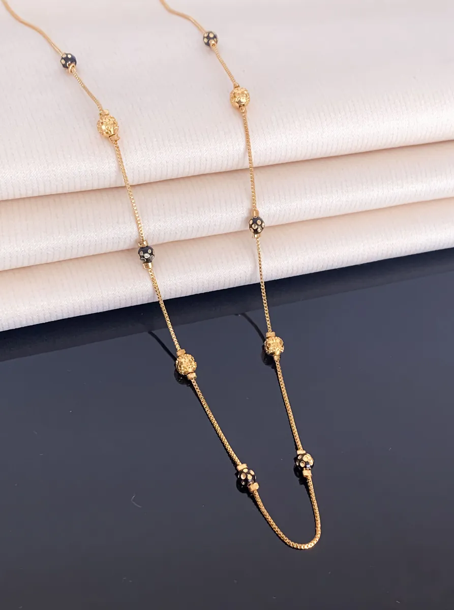 Dual-Tone Polka Bead Long Mala Necklace – Minimal Gold Chain