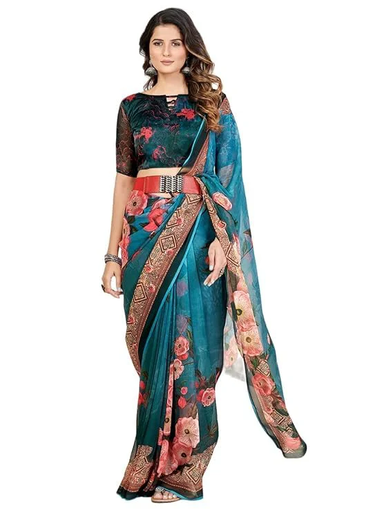 Shopgarb Women's Elegant Digital Floral Printed Sari with Blouse (SH-22 -Green-Designer-Floral-Party-Wedding-Saree, Free Size) - image 2