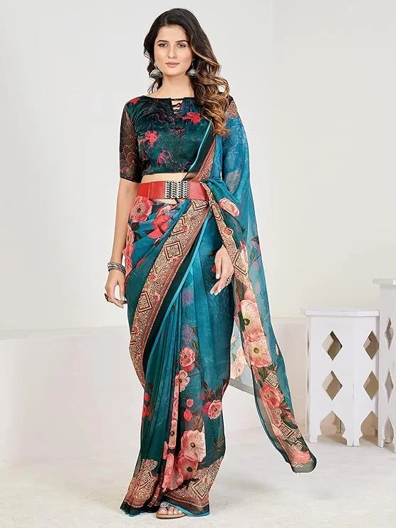 Shopgarb Women's Elegant Digital Floral Printed Sari with Blouse (SH-22 -Green-Designer-Floral-Party-Wedding-Saree, Free Size) - image 5