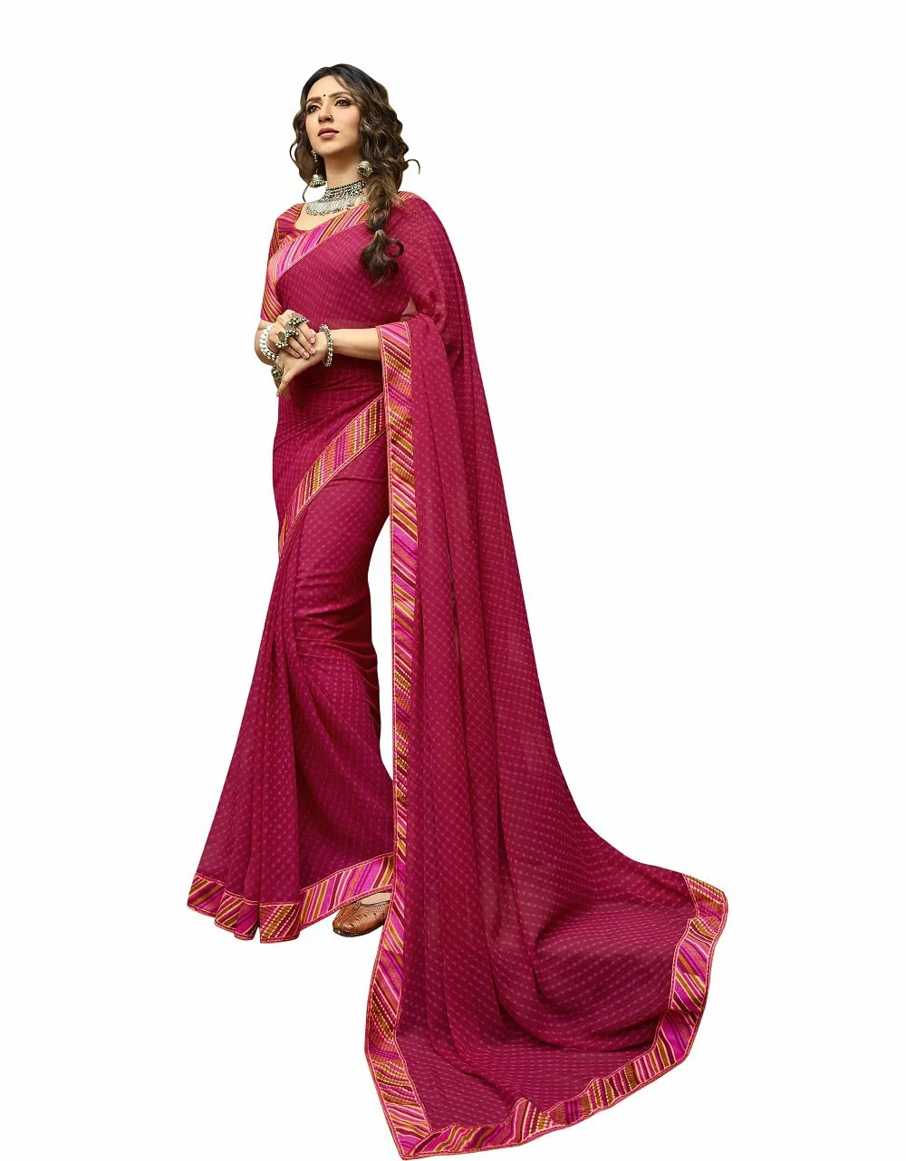 ROOP SUNDARI SAREES Women's Georgette Bandhani Printed Saree With Lace Border & Blouse Piece(_Multicolored_Free Size 6.30 Mtr)