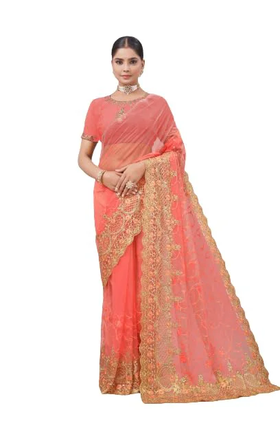 Radhe Radhey Women's New Georgette Embridered Sari With Unstitched Blouse Piece(Free Size) (peach)