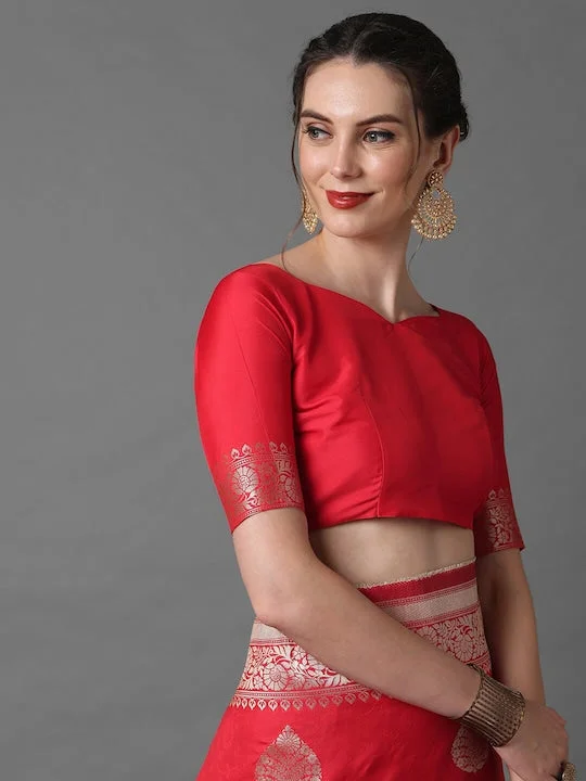 Red & Silver-Coloured Ethnic Motifs Zari Woven Design Silk Blend Banarasi Saree