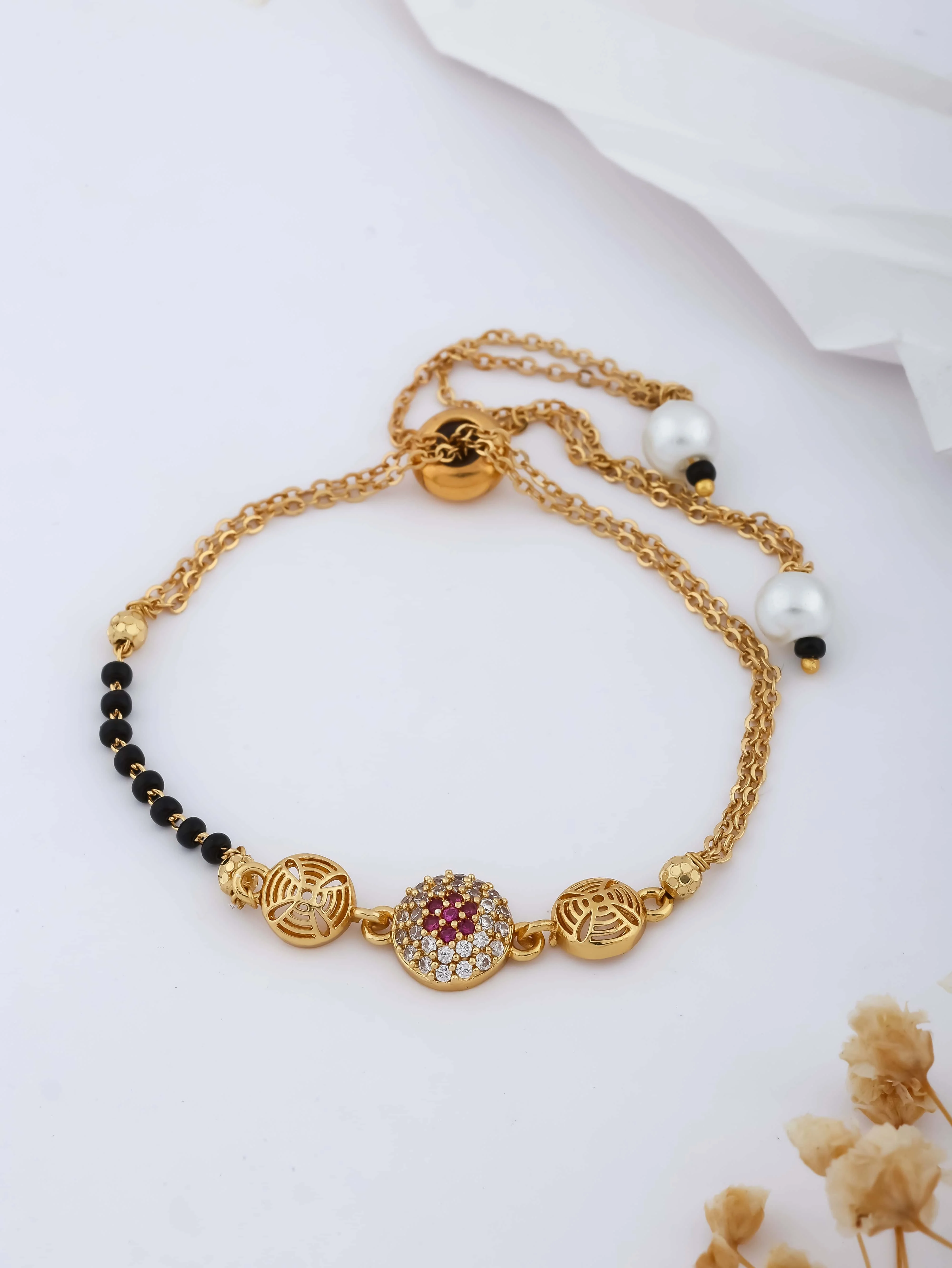 American Diamond Gold Ruby Round Shape Fancy Hand Mangalsutra