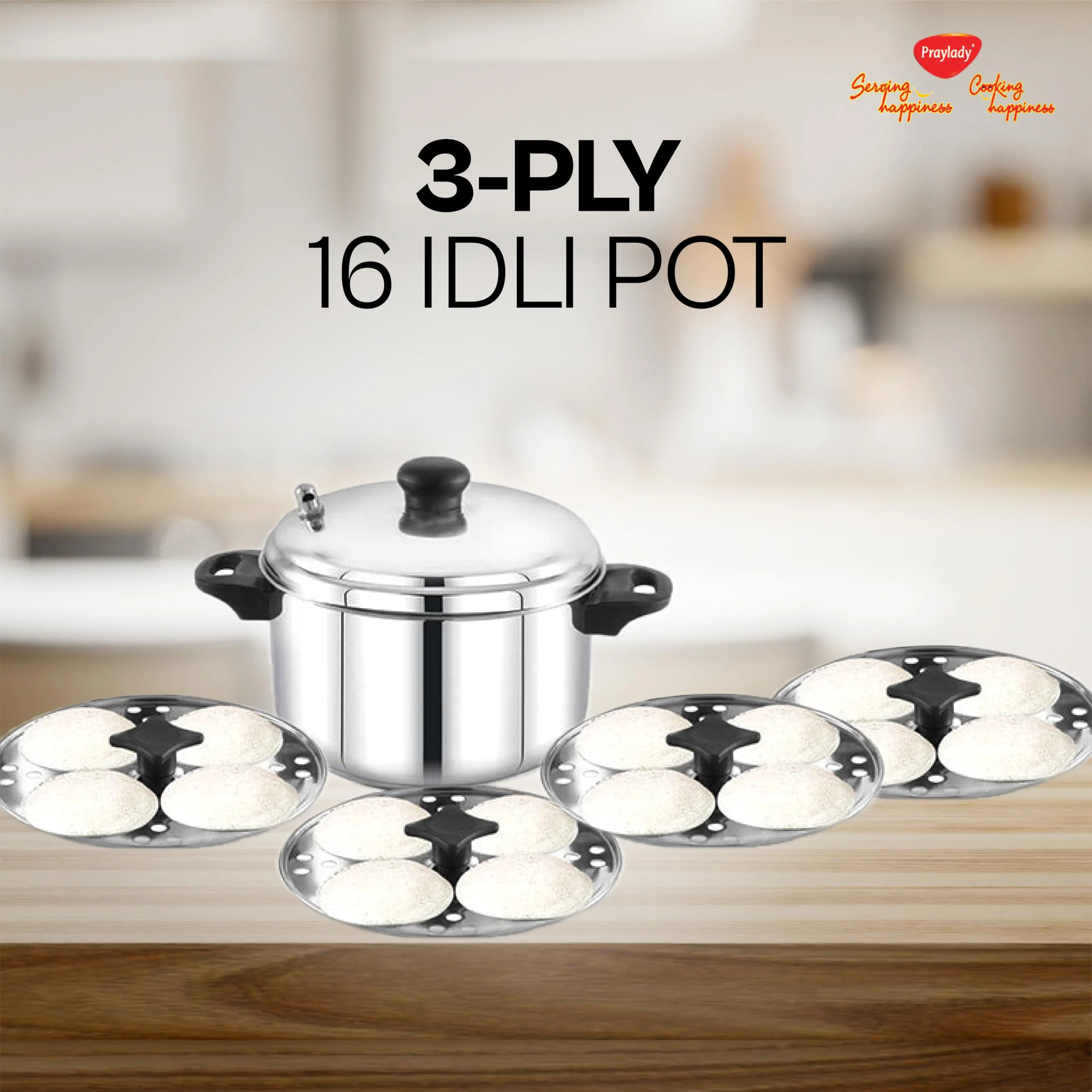 Praylady 3ply base 16 idly cooker with 4 plates - durable, even heating, Stay cool handles, perfect for fluffy idlis/Sandhwich bottom/induction base - image 3