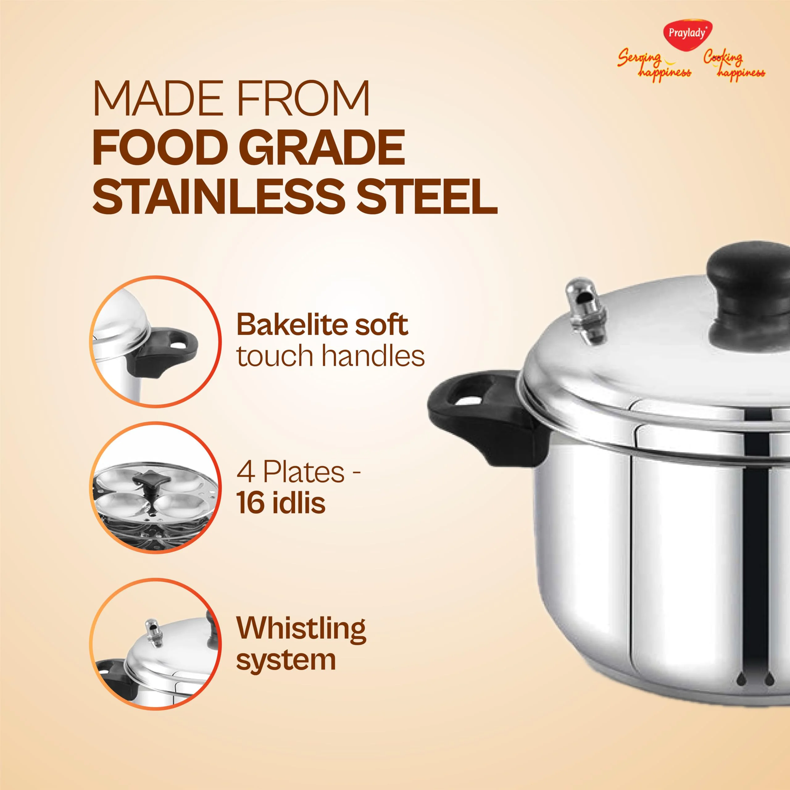 Praylady 3ply base 16 idly cooker with 4 plates - durable, even heating, Stay cool handles, perfect for fluffy idlis/Sandhwich bottom/induction base - image 4