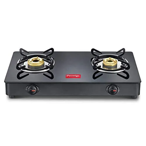 Prestige IRIS Toughened Glass-Top 2 Brass Burner LPG Gas Stove | Black | Spill Proof | Ergonomic Knobs | Tri-Pin Brass Burners