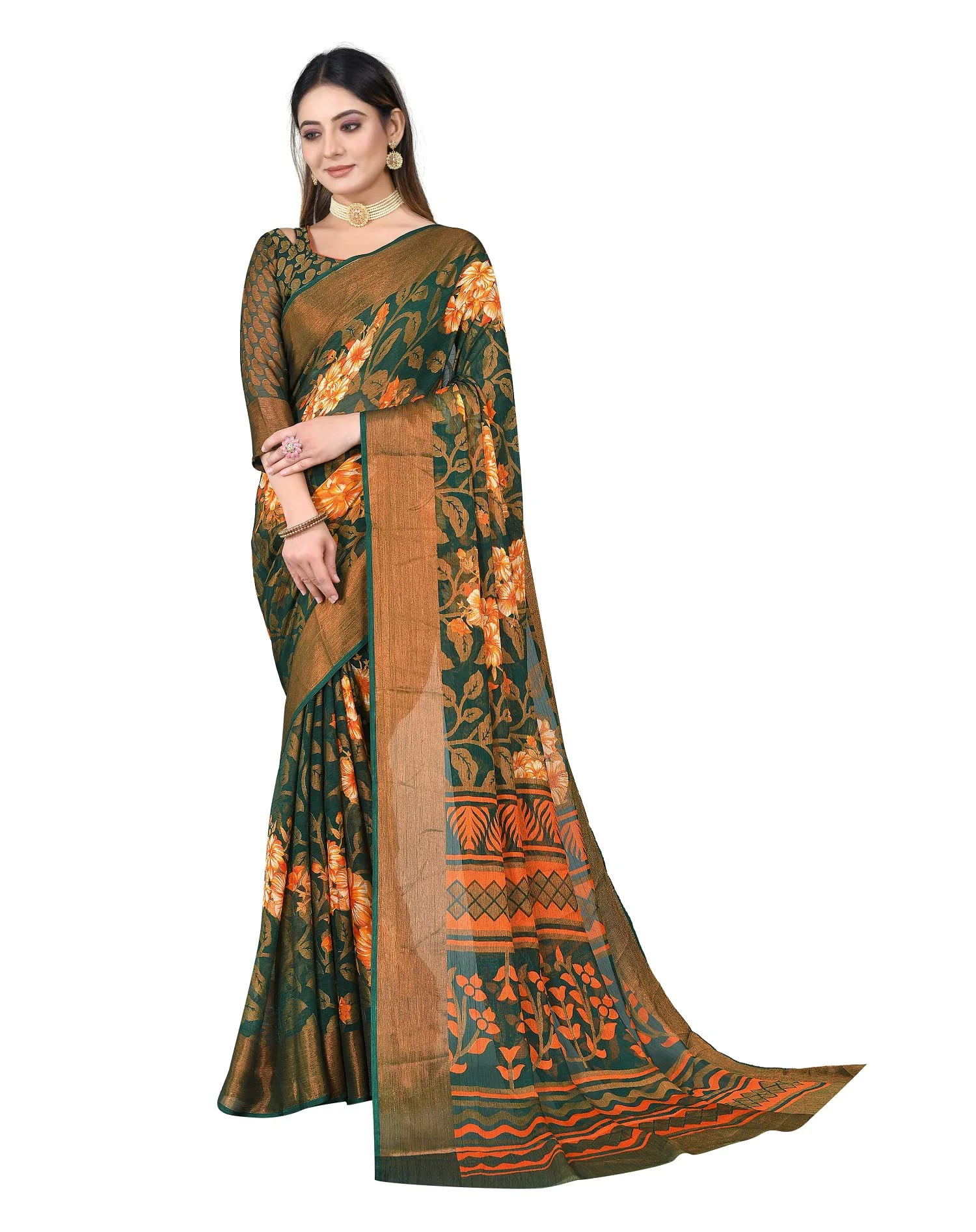 RAJESHWAR FASHION WITH RF Women's Stylish Chiffon Floral Foil Printed SareeWith BlouseSaree For Women (ISHA_GREEN ORANGE_Variation_Multicolored_Free Size 6.30)