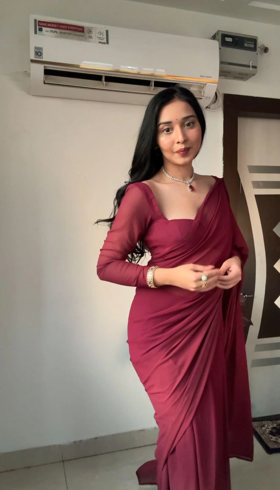 Stylescope Women's Plain Georgette Ready To Wear One Minute Saree With Unstitched Blouse Piece (Kalki Maroon_Maroon_Free Size) - image 2