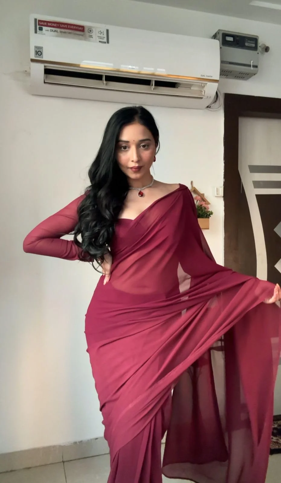 Stylescope Women's Plain Georgette Ready To Wear One Minute Saree With Unstitched Blouse Piece (Kalki Maroon_Maroon_Free Size) - image 3