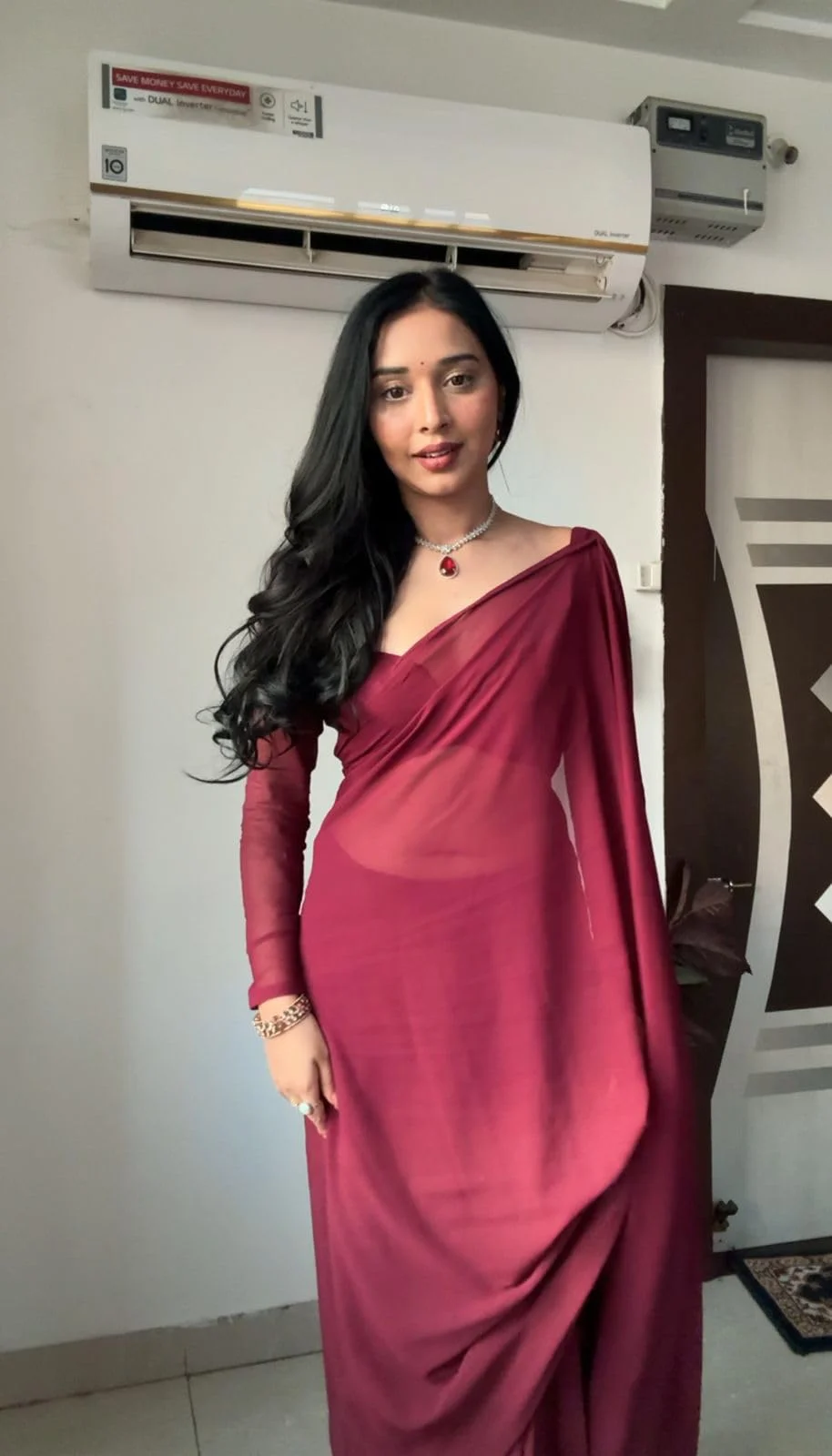 Stylescope Women's Plain Georgette Ready To Wear One Minute Saree With Unstitched Blouse Piece (Kalki Maroon_Maroon_Free Size) - image 4