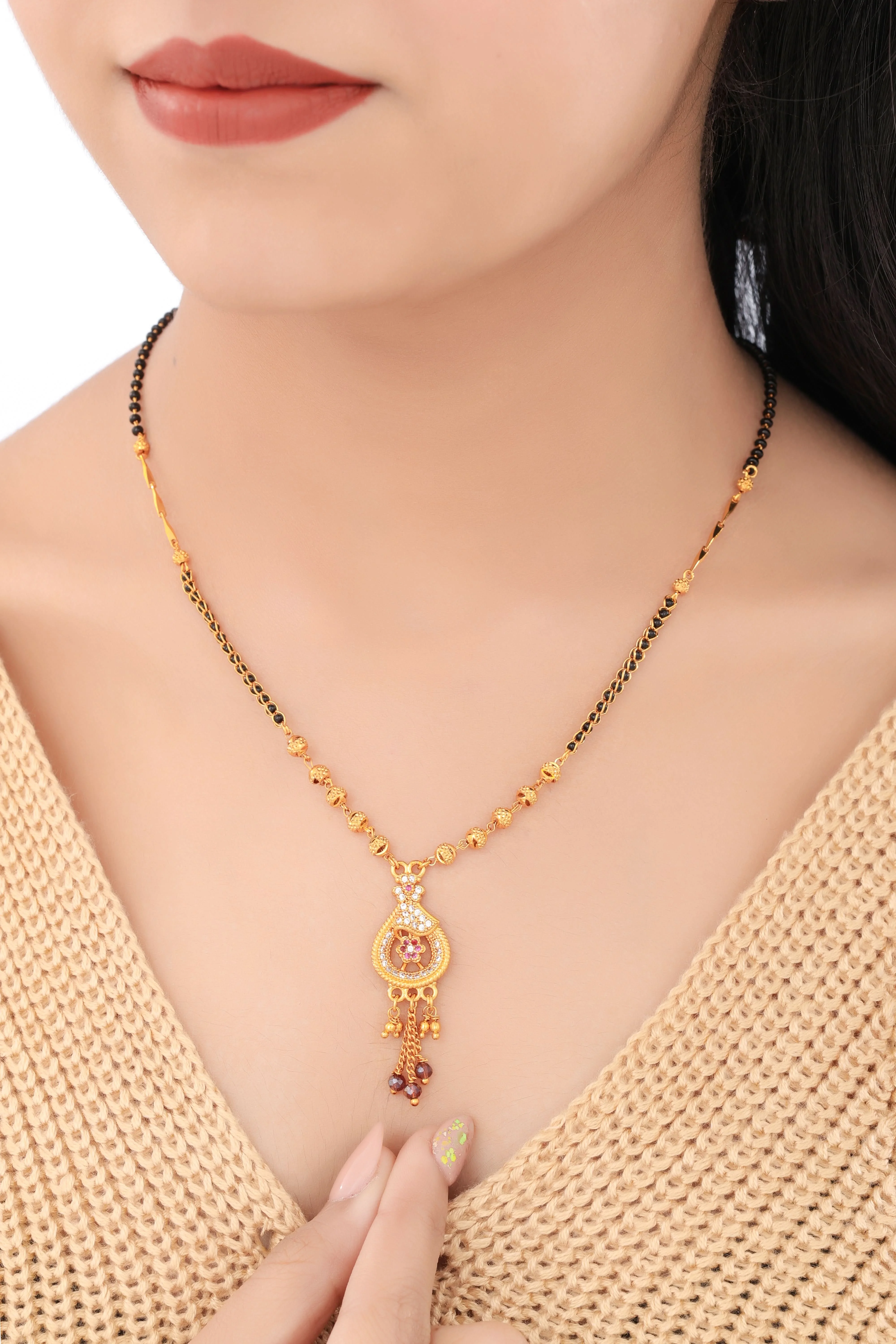 Buy 1 Get 1 Free - American Diamond Gold Plated Oval Shape Hanging Mangalsutra