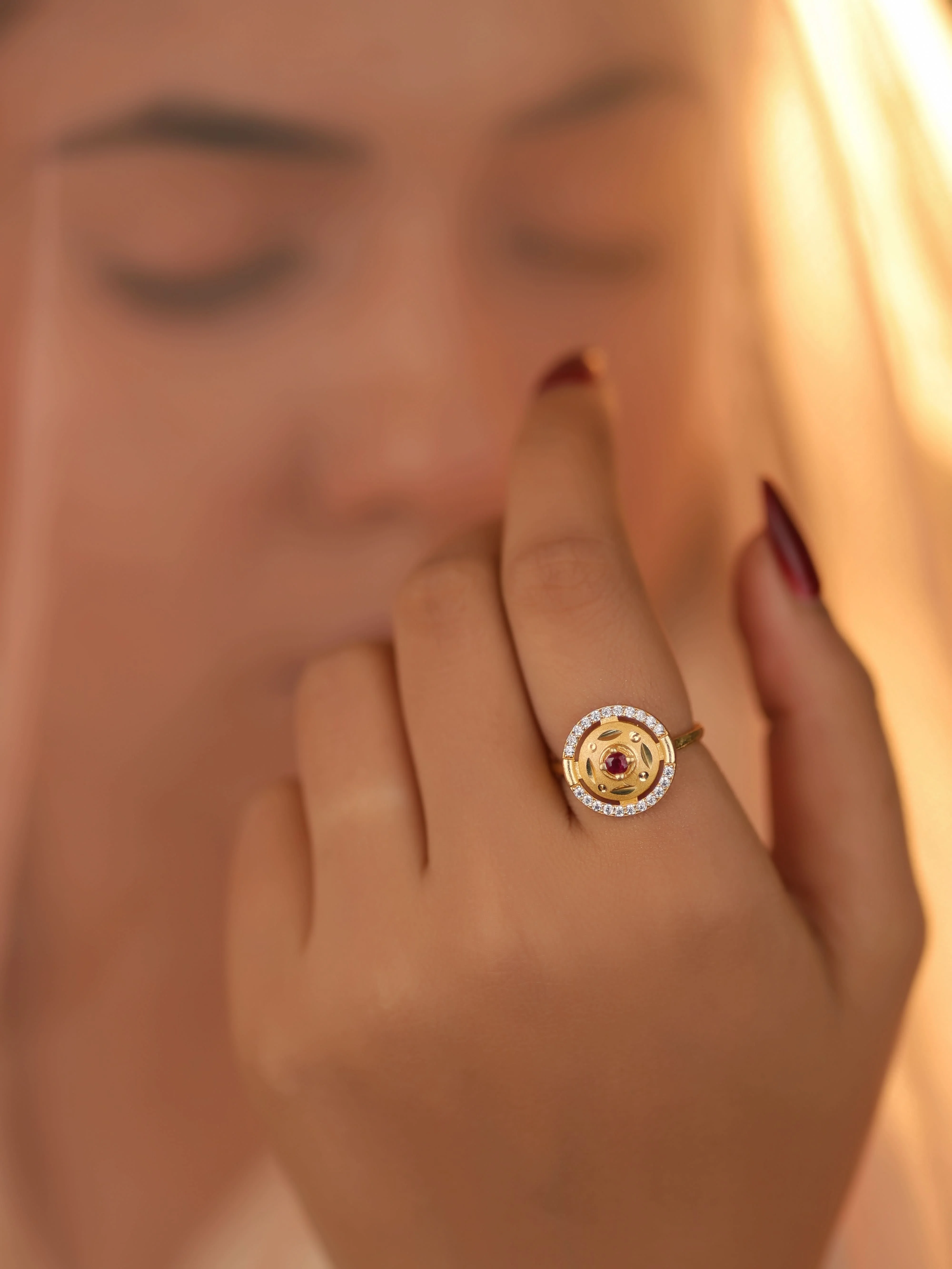 Ruby Glow Adjustable Ring – American Diamond Gold-Plated Ring