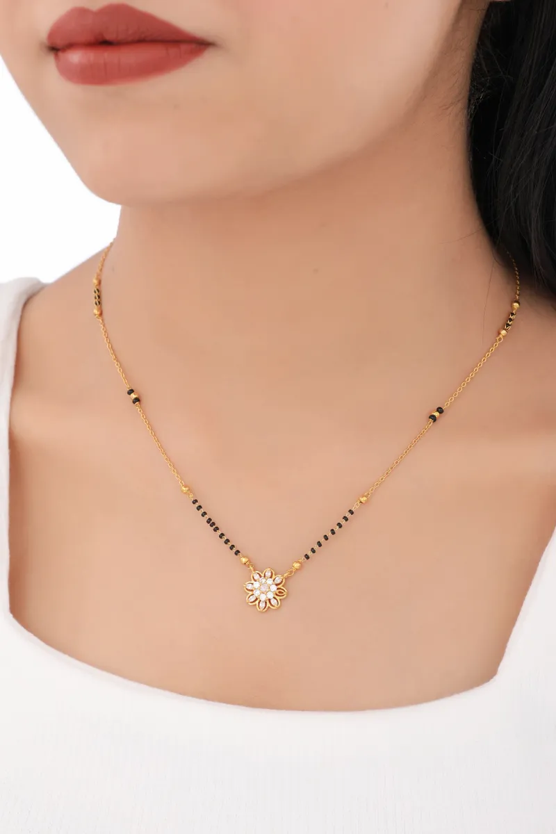 Buy 1 Get 1 Free -Floral CZ Minimal Mangalsutra | Elegant Gold Chain Black Beads Necklace